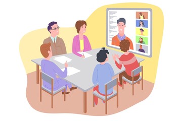 Vector Illustration of webinar, online meeting concept, work from home, flat design. Video conferencing, teleworking, social distancing, business discussion. Character talking with colleagues online.