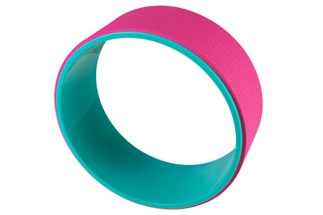colored yoga wheel, turquoise and pink, stands upright, on a white background