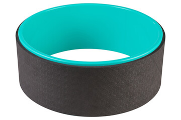one yoga wheel, turquoise and black, lies horizontally, on a white background