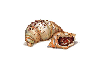 Tasty hand drawn croissant bun with chocolate on a white isolated background. Ready to be used in cafe menus, blogs, cooking books and magazines.