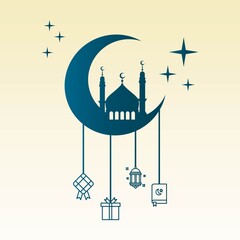 Islamic crescent moon vector illustration on colorful background. including mosques, minarets, arabic lights, gifts, stars and more. great for cards, websites, banners, prints, celebrations, and more.