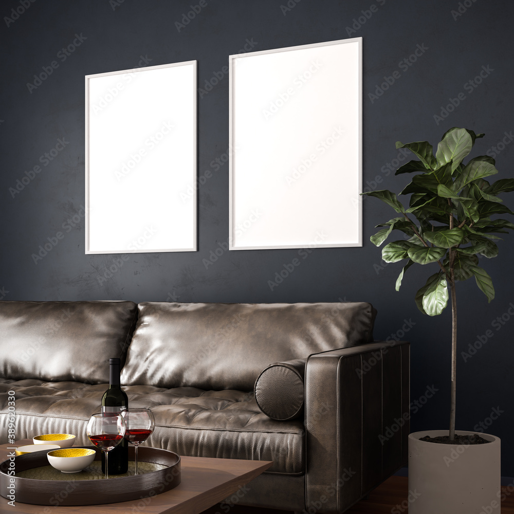 Wall mural Elegant interior setting with dark wall, leather sofa, coffee table with wine and glasses,  ficus tree. Two picture frame mockups (70x100cm). 3d render.