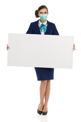 Smiling Stewardess Is Presenting White Poster