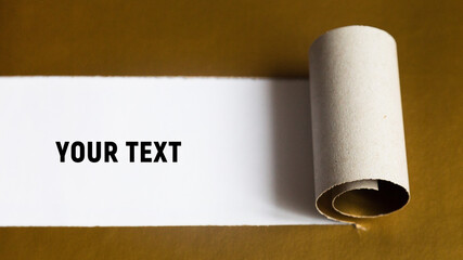 A torn strip of a sheet of golden brown paper is rolled into a roll. Copy space, Place for text.