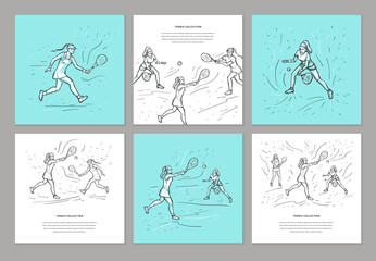 Tennis sketch hand drawn set vector templates. Woman tennis players. Sport concept in blue, black, white colors.