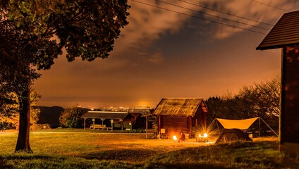 福岡県のキャンプ場（お牧山）
焚火と夜景