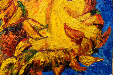 Sunflower, oil painting on canvas. Free copy Based on the painting by the great artist Vincent Van Gogh, Two cut sunflowers III, 1887 © Владимир Лис