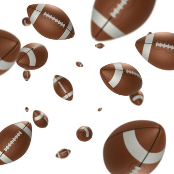 Free falling American footballs isolated on white background. 3D illustration.