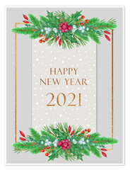 New year frame with festive decoration. Berries, holly, fir-tree branches. Botanical illustration for card, invitation