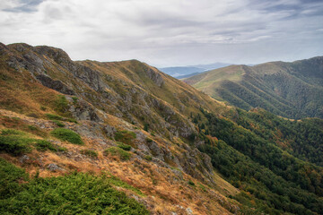 Beautiful autumn mountain view and landscapes from the path from Ribaritsa to Eho hut chalet and peaks Yumruka and Kavladan, Central Balkan, Teteven, Bulgaria