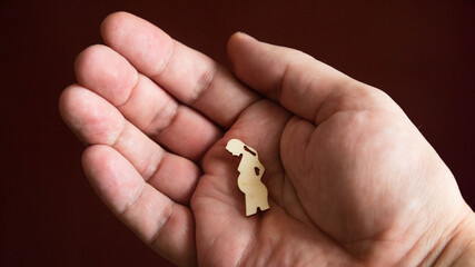 Silhouette figure of a pregnant woman lies on a man's hand