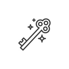 Magic key line icon. linear style sign for mobile concept and web design. Fantasy key with magic stars outline vector icon. Symbol, logo illustration. Vector graphics