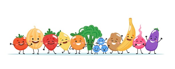 Fruits and vegetables characters. Vector illustration