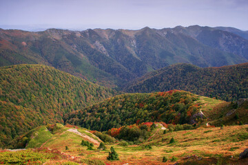 Beautiful autumn mountain view and landscapes from the path from Ribaritsa to Eho hut chalet and peaks Yumruka and Kavladan, Central Balkan, Teteven, Bulgaria