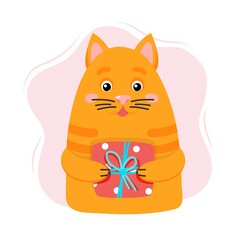 Cute cat holding a gift. Cartoon vector illustration
