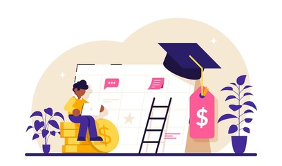 Student loan payment concept. Student loans, investment in knowledge. Education banking business. Economical system to get money for college or university. Modern flat illustration.