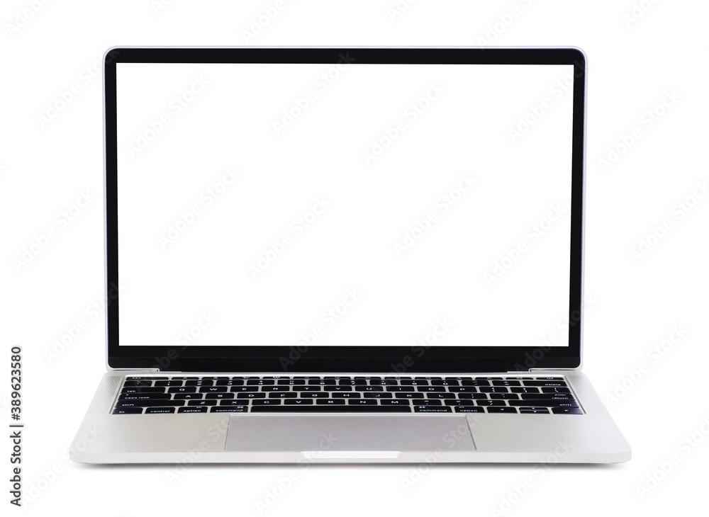 Wall mural laptop silver color with a blank screen for apply screen display on web and app isolated on white ba