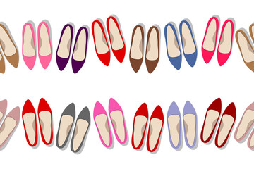 Seamless groups of colored woman's shoes over white background