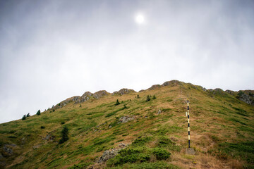 Beautiful autumn mountain view and landscapes from the path from Ribaritsa to Eho hut chalet and peaks Yumruka and Kavladan, Central Balkan, Teteven, Bulgaria