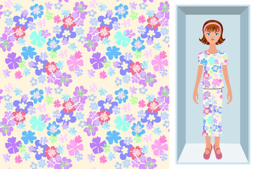 Vector Seamless Pattern. A doll in a box is an example of using a pattern on a pajamas. Seamless floral pattern for textile, small stylized flowers elegant vector for fabric design on white background