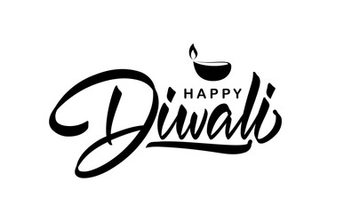 Vector illustration. Handwritten calligraphic lettering type composition of Happy Diwali with lamp.