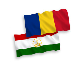 Flags of Romania and Tajikistan on a white background