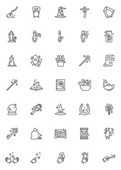 Magic show line icons set. Fantasy game linear style symbols collection, outline signs pack. vector graphics. Set includes icons as fairy tail, magic wand, witch hat, potion bottle, treasure chest