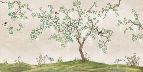 Flowering tree in the Japanese garden with birds. Fresco, Wallpaper for interior printing. - 389625547