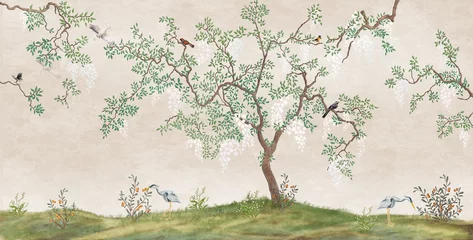 Wall murals White Flowering tree in the Japanese garden with birds. Fresco, Wallpaper for interior printing.