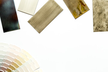 Interior design selection of material samples with color scheme. Top view
