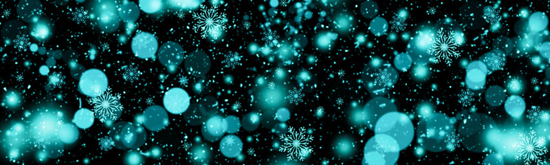 Obraz na płótnie Canvas Christmas banner of turquoise snowflakes snowfall bokeh background.