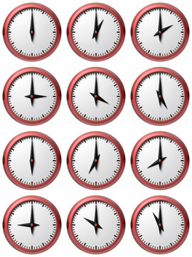 Set of red analogue clocks showing full 12 hours. 3D illustration.