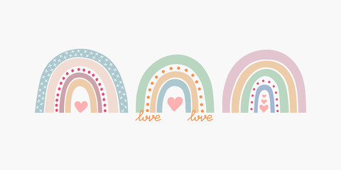 Scandinavian boho rainbows set with hearts and love in pastel colors. Hand drawn vector element for nursery decoration, baby shower, birthday, children's party, poster, invitation, postcard, clothes