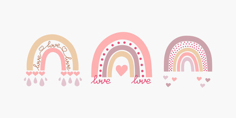 Scandinavian boho rainbows set with hearts and love in pastel colors. Hand drawn vector element for nursery decoration, baby shower, birthday, children's party, poster, invitation, postcard, clothes