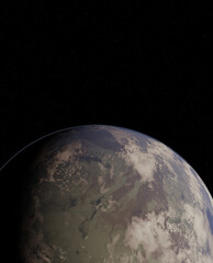 Fototapeta na wymiar Blue Alien Planet Overflight with Starfield, 3d digitally rendered science fiction illustration