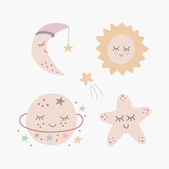 Scandinavian boho cute cartoon set of crescent, planet, stars, sun. Hand drawn vector elements for nursery decoration, baby shower, children's party, poster, invitation, postcard, kids clothes