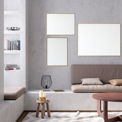 Mock up poster frame in interior background, living room. 3d render. 3D illustration.