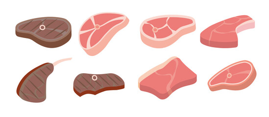 Cartoon beef steaks. Steak Icons used for cooking steak and roast - t-bone, rib eye, porterhouse, tomahawk, filet mignon