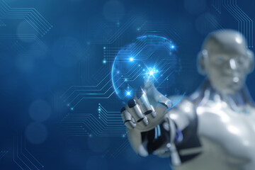 Futuristic Artificial intelligence concept. robot use technology including digital twin, 5g, big data, artificial intelligence, machine deep learning, augmented mixed virtual reality in communication