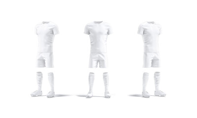 Blank white soccer uniform with t-shirt, short, socks, boots mockup