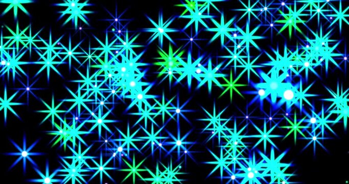 bright glowing twinkling stars-snowflakes of blue and green shades on a dark background move in the direction of the viewer