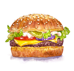 Two burgers, watercolor illustration on a white background, illustration for the menu, print for poster, textiles, decor for various products.