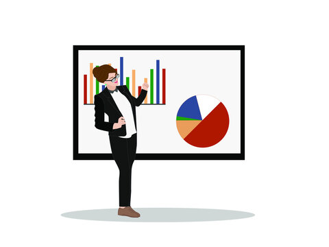 Business woman standing in front of the Board and shows diagrams. The girl lead the seminar.