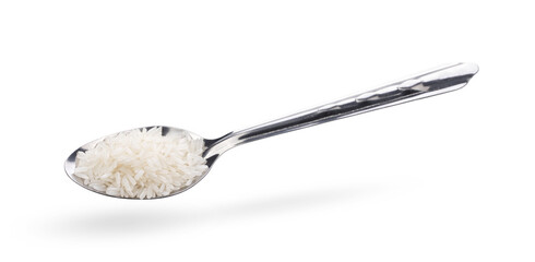 rice in spoon on white background