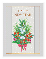 New year card template. Illustration winter bouquet with bow, red berries, mistletoe and spruce branches
