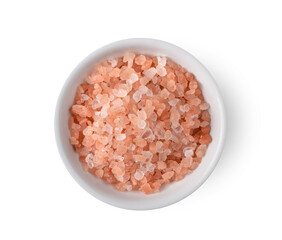 Fototapeta na wymiar Himalayan pink salt in white bowl isolated on white background
