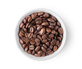 coffee beans in white bowl isolated on white background