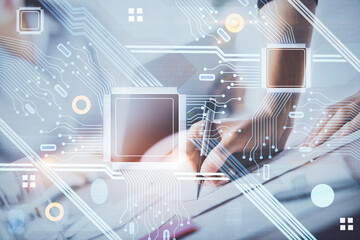 Double exposure of woman's writing hand on background with data technology hud. Big data concept.