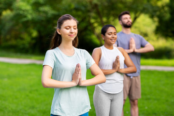 Fototapeta premium fitness, sport and healthy lifestyle concept - group of happy people doing yoga at summer park