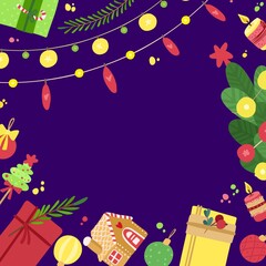 Fototapeta premium Christmas square frame with candles, garlands, gift boxes, presents, gingerbread house on dark background. Holiday Christmas flat vector social media banner template.